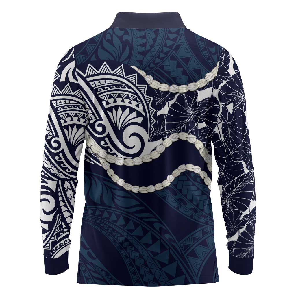 Aloha Hawaii Kalo Pikake Lei Long Sleeve Polo Shirt Chest Tattoo Oxford Blue Hawaiian Pattern LT14 - Polynesian Pride