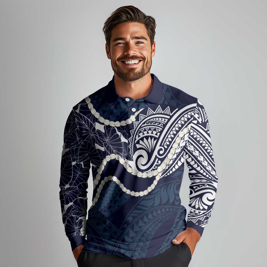 Aloha Hawaii Kalo Pikake Lei Long Sleeve Polo Shirt Chest Tattoo Oxford Blue Hawaiian Pattern LT14 - Polynesian Pride