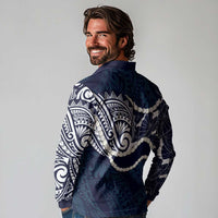 Aloha Hawaii Kalo Pikake Lei Long Sleeve Polo Shirt Chest Tattoo Oxford Blue Hawaiian Pattern LT14 - Polynesian Pride