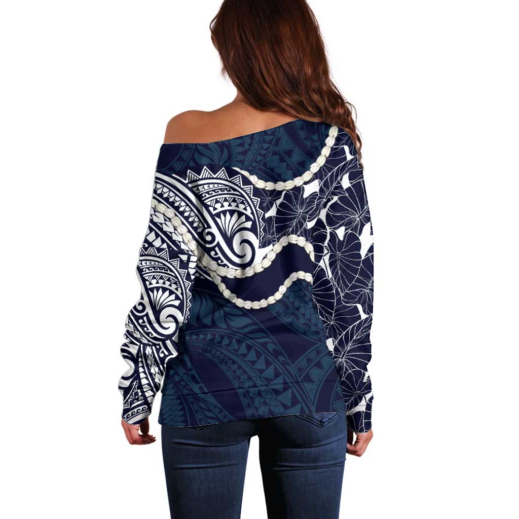 Aloha Hawaii Kalo Pikake Lei Off Shoulder Sweater Chest Tattoo Oxford Blue Hawaiian Pattern