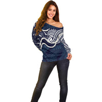 Aloha Hawaii Kalo Pikake Lei Off Shoulder Sweater Chest Tattoo Oxford Blue Hawaiian Pattern