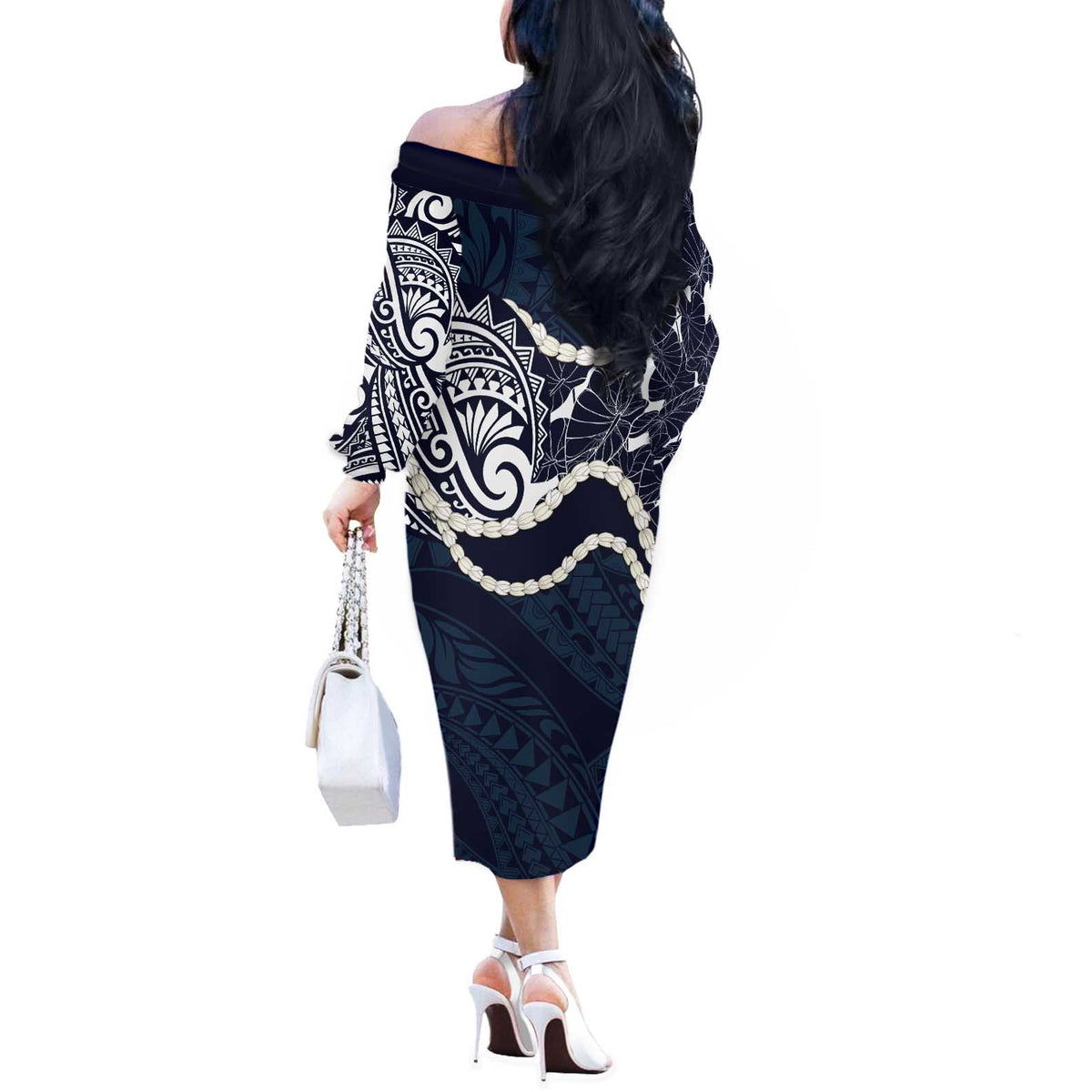 Aloha Hawaii Kalo Pikake Lei Off The Shoulder Long Sleeve Dress Chest Tattoo Oxford Blue Hawaiian Pattern LT14 - Polynesian Pride
