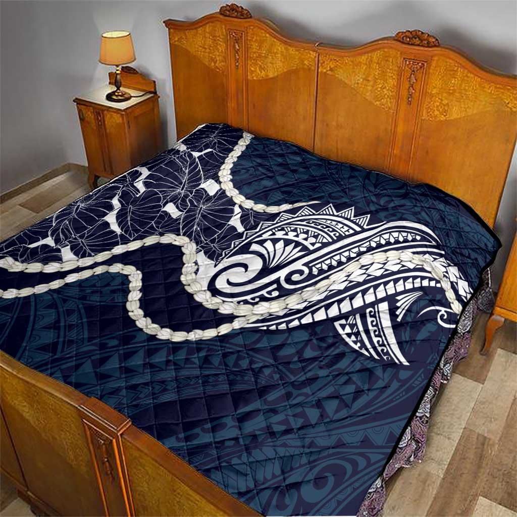 Aloha Hawaii Kalo Pikake Lei Quilt Chest Tattoo Oxford Blue Hawaiian Pattern LT14 - Polynesian Pride