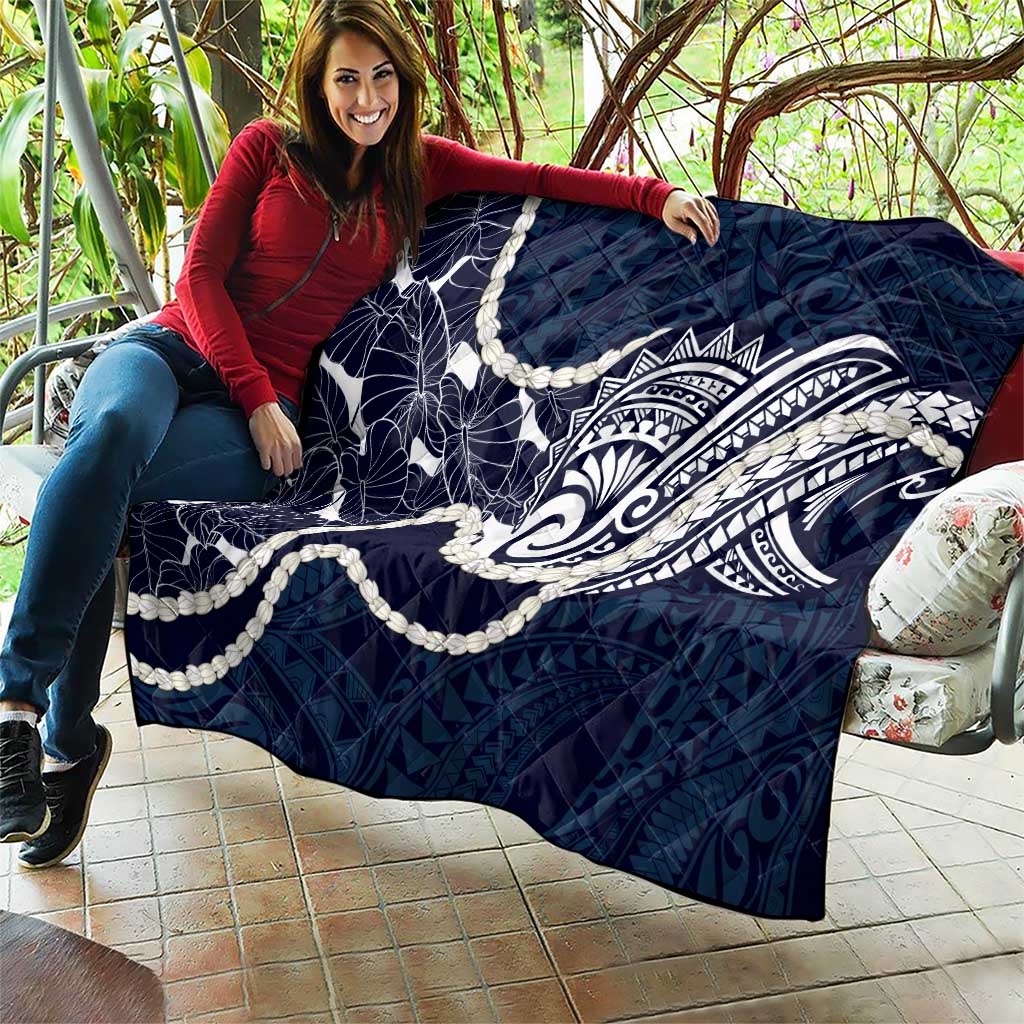 Aloha Hawaii Kalo Pikake Lei Quilt Chest Tattoo Oxford Blue Hawaiian Pattern LT14 - Polynesian Pride