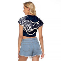 Aloha Hawaii Kalo Pikake Lei Raglan Cropped T Shirt Chest Tattoo Oxford Blue Hawaiian Pattern LT14 - Polynesian Pride