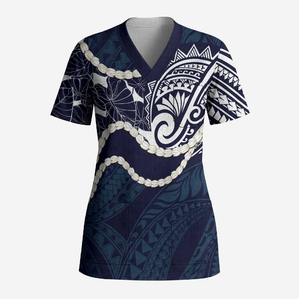Aloha Hawaii Kalo Pikake Lei Scrub Top Chest Tattoo Oxford Blue Hawaiian Pattern