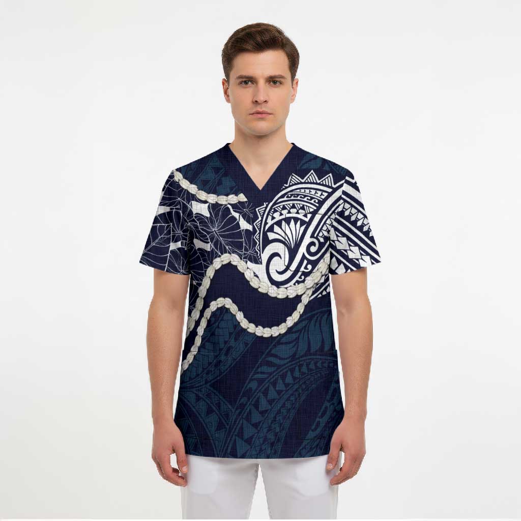 Aloha Hawaii Kalo Pikake Lei Scrub Top Chest Tattoo Oxford Blue Hawaiian Pattern