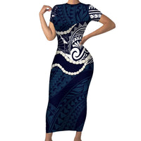 Aloha Hawaii Kalo Pikake Lei Short Sleeve Bodycon Dress Chest Tattoo Oxford Blue Hawaiian Pattern LT14 Long Dress Oxford Blue - Polynesian Pride