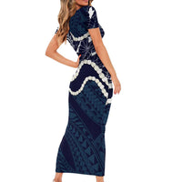 Aloha Hawaii Kalo Pikake Lei Short Sleeve Bodycon Dress Chest Tattoo Oxford Blue Hawaiian Pattern LT14 - Polynesian Pride