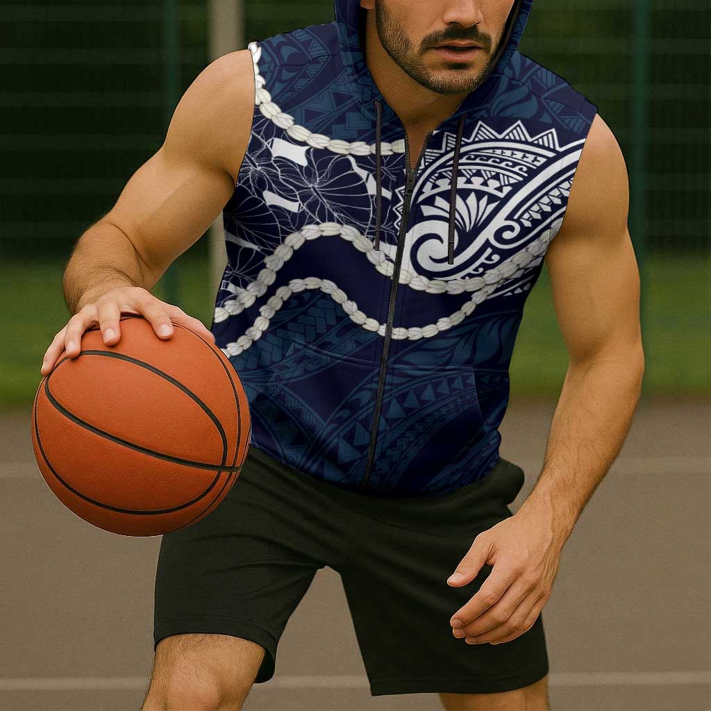 Aloha Hawaii Kalo Pikake Lei Sleeveless Zip Hoodie Chest Tattoo Oxford Blue Hawaiian Pattern LT14 - Polynesian Pride