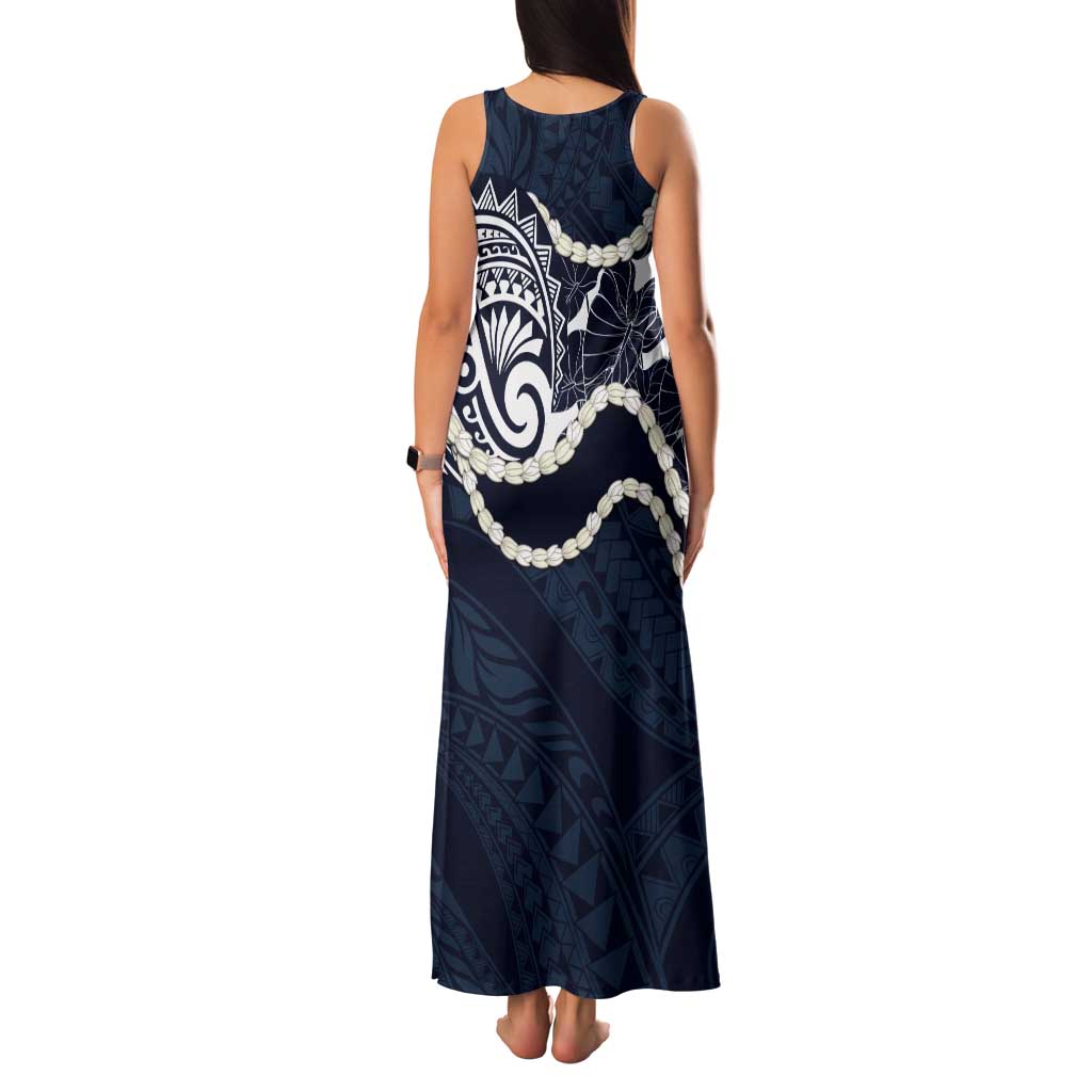 Aloha Hawaii Kalo Pikake Lei Tank Maxi Dress Chest Tattoo Oxford Blue Hawaiian Pattern LT14 - Polynesian Pride