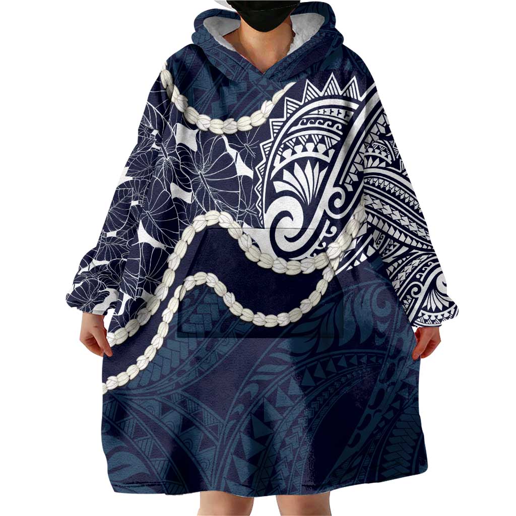 Aloha Hawaii Kalo Pikake Lei Wearable Blanket Hoodie Chest Tattoo Oxford Blue Hawaiian Pattern LT14 - Polynesian Pride