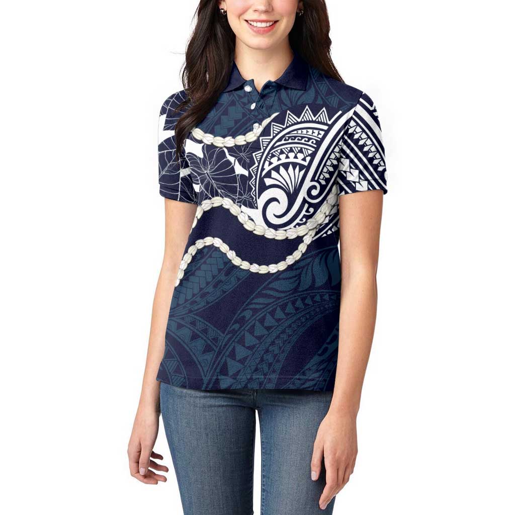 Aloha Hawaii Kalo Pikake Lei Women Polo Shirt Chest Tattoo Oxford Blue Hawaiian Pattern LT14 - Polynesian Pride