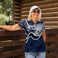 Aloha Hawaii Kalo Pikake Lei Women Polo Shirt Chest Tattoo Oxford Blue Hawaiian Pattern LT14 - Polynesian Pride