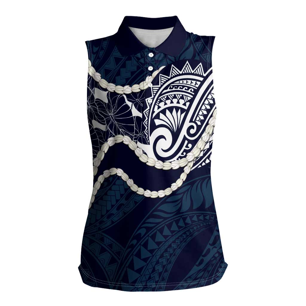 Aloha Hawaii Kalo Pikake Lei Women Sleeveless Polo Shirt Chest Tattoo Oxford Blue Hawaiian Pattern
