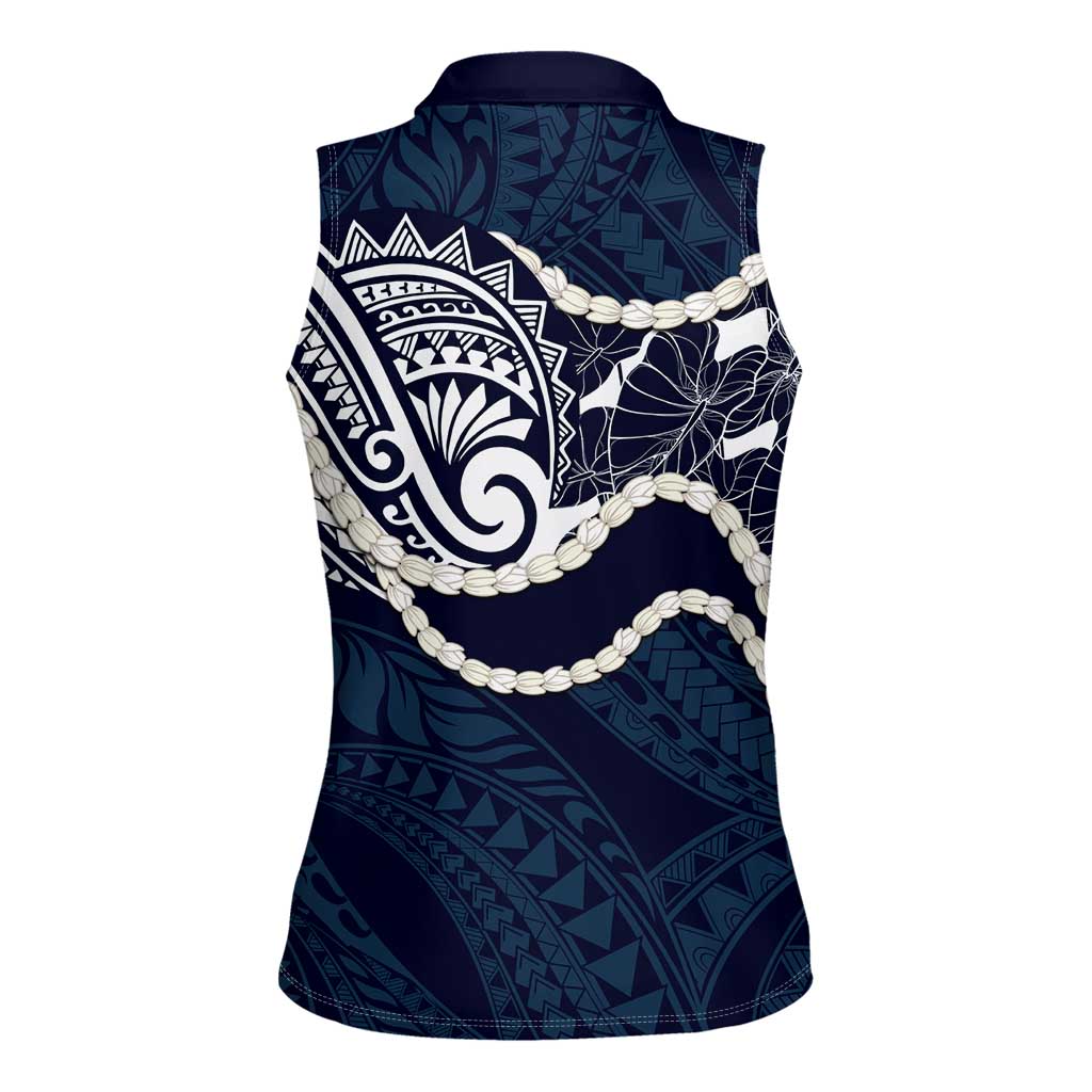 Aloha Hawaii Kalo Pikake Lei Women Sleeveless Polo Shirt Chest Tattoo Oxford Blue Hawaiian Pattern LT14 - Polynesian Pride