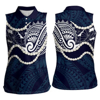 Aloha Hawaii Kalo Pikake Lei Women Sleeveless Polo Shirt Chest Tattoo Oxford Blue Hawaiian Pattern LT14 - Polynesian Pride