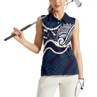 Aloha Hawaii Kalo Pikake Lei Women Sleeveless Polo Shirt Chest Tattoo Oxford Blue Hawaiian Pattern LT14 - Polynesian Pride