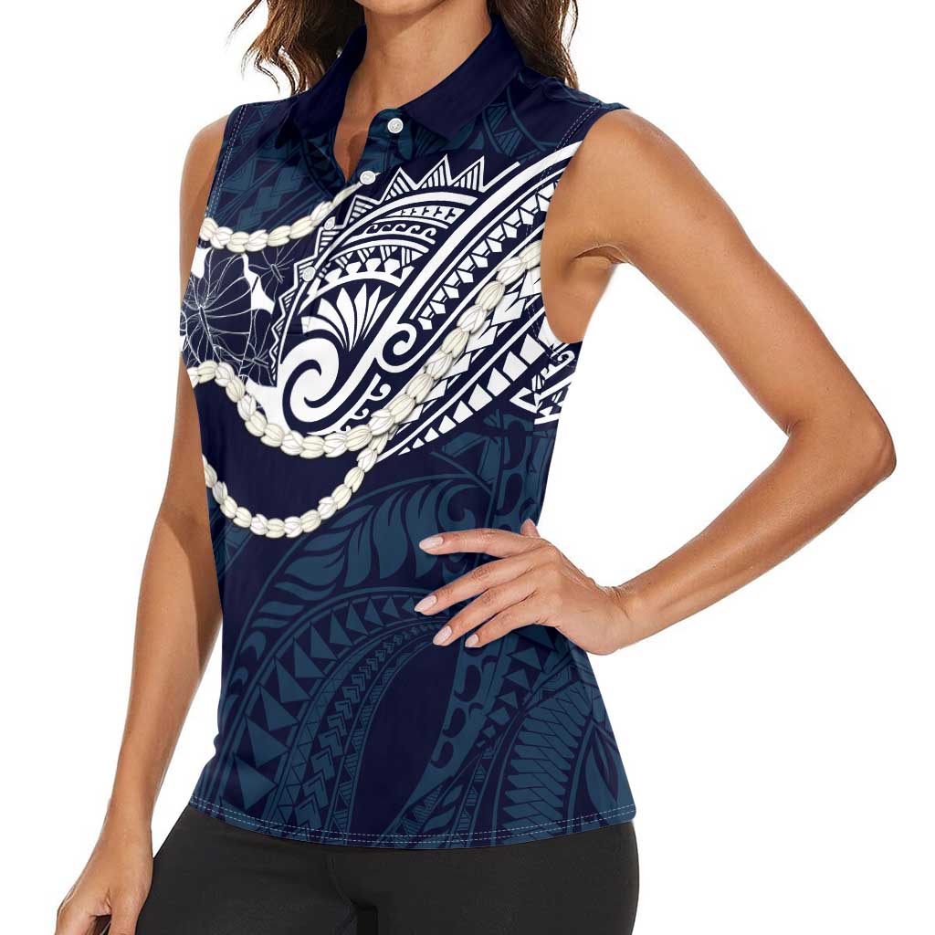 Aloha Hawaii Kalo Pikake Lei Women Sleeveless Polo Shirt Chest Tattoo Oxford Blue Hawaiian Pattern LT14 - Polynesian Pride