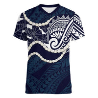 Aloha Hawaii Kalo Pikake Lei Women V-Neck T-Shirt Chest Tattoo Oxford Blue Hawaiian Pattern LT14 Female Oxford Blue - Polynesian Pride