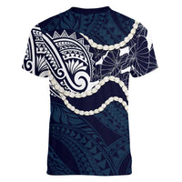 Aloha Hawaii Kalo Pikake Lei Women V-Neck T-Shirt Chest Tattoo Oxford Blue Hawaiian Pattern LT14 - Polynesian Pride