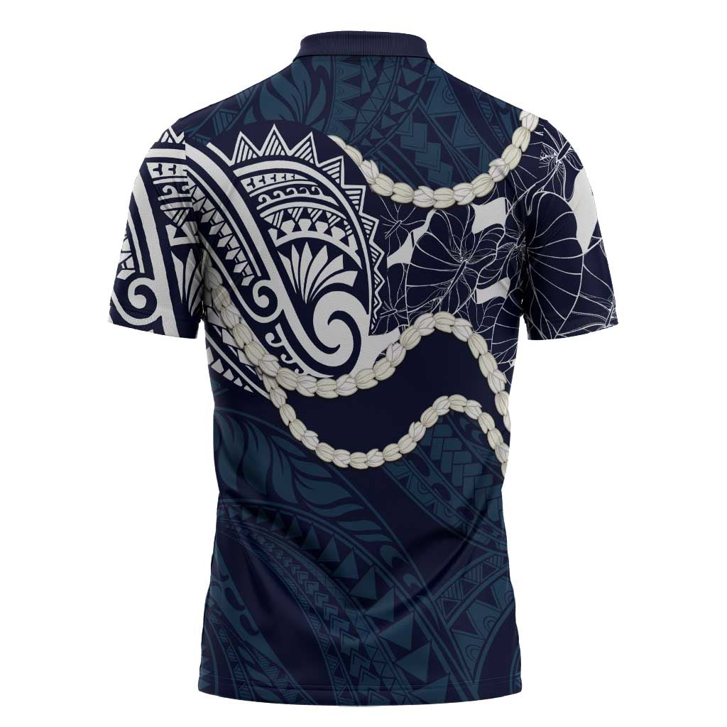 Aloha Hawaii Kalo Pikake Lei Zipper Polo Shirt Chest Tattoo Oxford Blue Hawaiian Pattern LT14 - Polynesian Pride