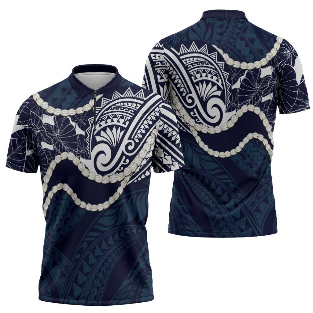 Aloha Hawaii Kalo Pikake Lei Zipper Polo Shirt Chest Tattoo Oxford Blue Hawaiian Pattern LT14 - Polynesian Pride
