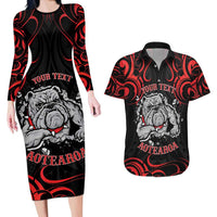 Personalised Aotearoa Bulldog Couples Matching Long Sleeve Bodycon Dress and Hawaiian Shirt NZ Maori Tattoo LT14 Red - Polynesian Pride