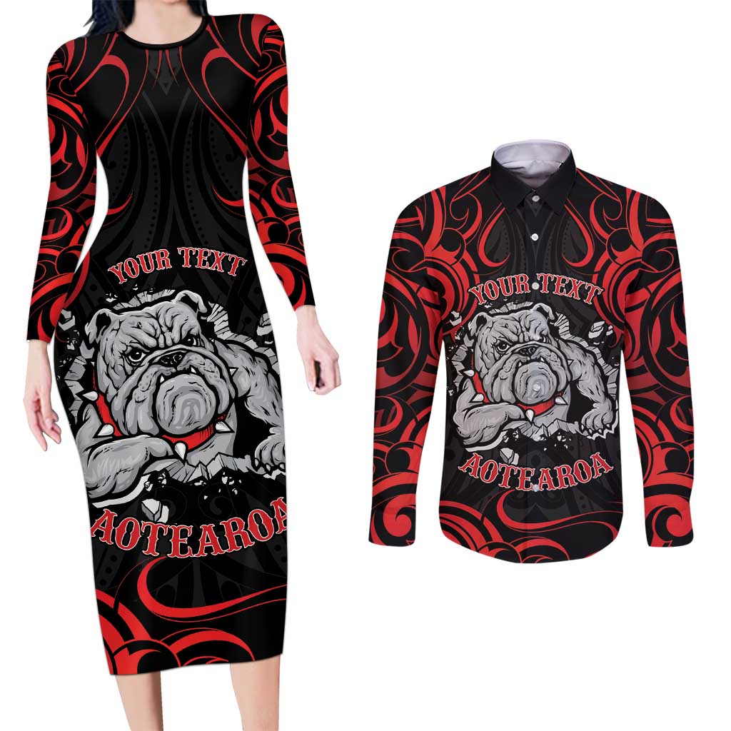 Personalised Aotearoa Bulldog Couples Matching Long Sleeve Bodycon Dress and Long Sleeve Button Shirt NZ Maori Tattoo LT14 Red - Polynesian Pride