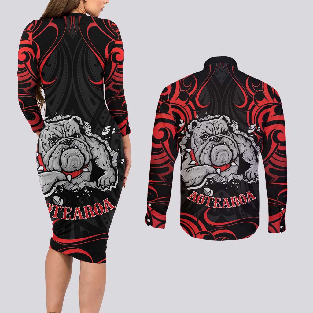 Personalised Aotearoa Bulldog Couples Matching Long Sleeve Bodycon Dress and Long Sleeve Button Shirt NZ Maori Tattoo LT14 - Polynesian Pride