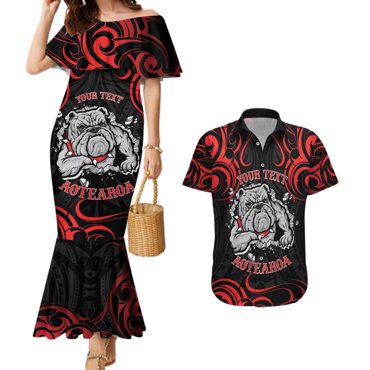 Personalised Aotearoa Bulldog Couples Matching Mermaid Dress and Hawaiian Shirt NZ Maori Tattoo LT14 Red - Polynesian Pride
