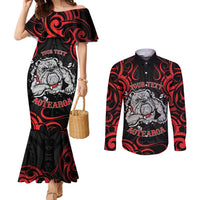 Personalised Aotearoa Bulldog Couples Matching Mermaid Dress and Long Sleeve Button Shirt NZ Maori Tattoo LT14 Red - Polynesian Pride