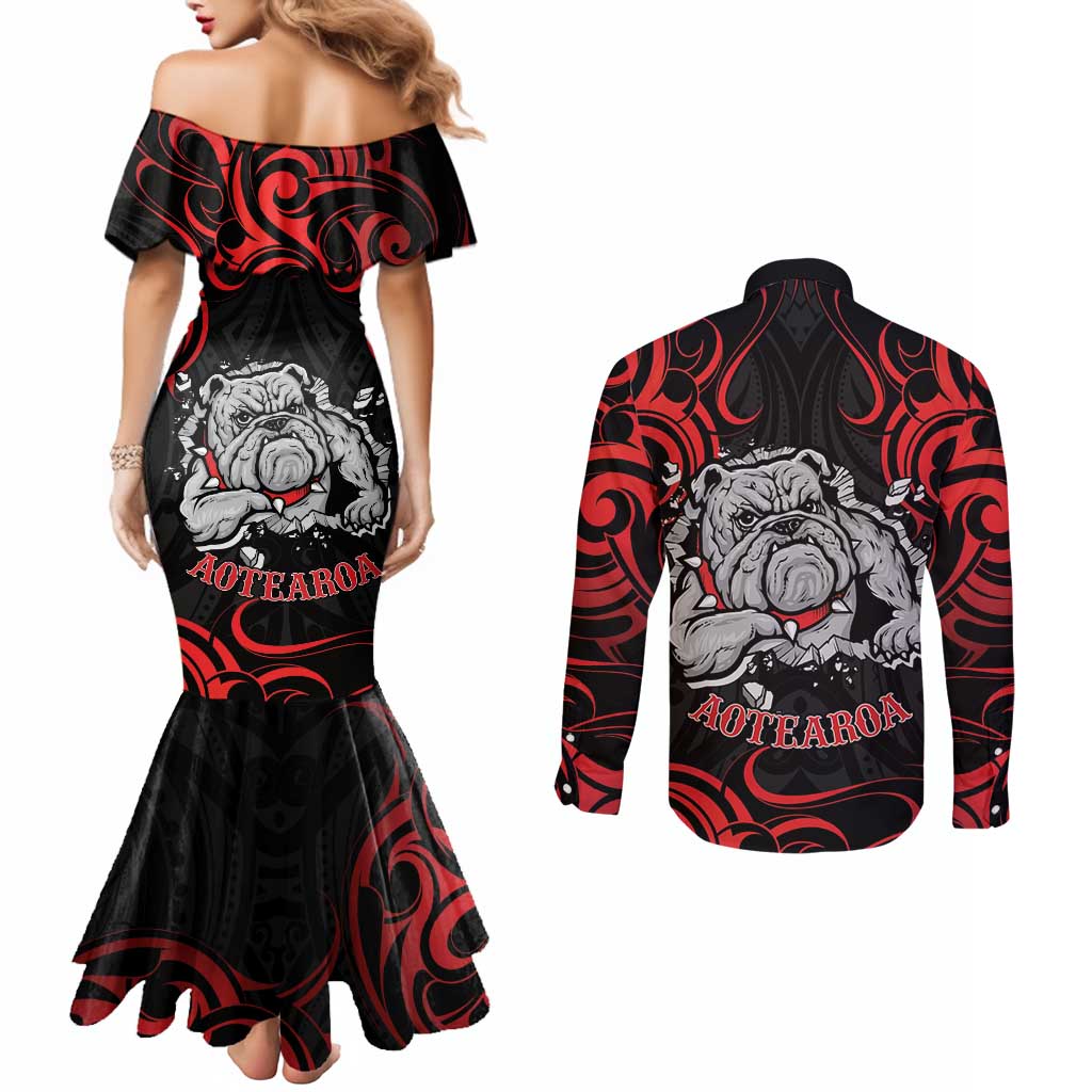 Personalised Aotearoa Bulldog Couples Matching Mermaid Dress and Long Sleeve Button Shirt NZ Maori Tattoo LT14 - Polynesian Pride