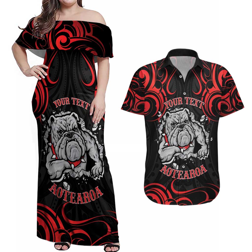 Personalised Aotearoa Bulldog Couples Matching Off Shoulder Maxi Dress and Hawaiian Shirt NZ Maori Tattoo LT14 Red - Polynesian Pride