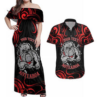 Personalised Aotearoa Bulldog Couples Matching Off Shoulder Maxi Dress and Hawaiian Shirt NZ Maori Tattoo LT14 Red - Polynesian Pride