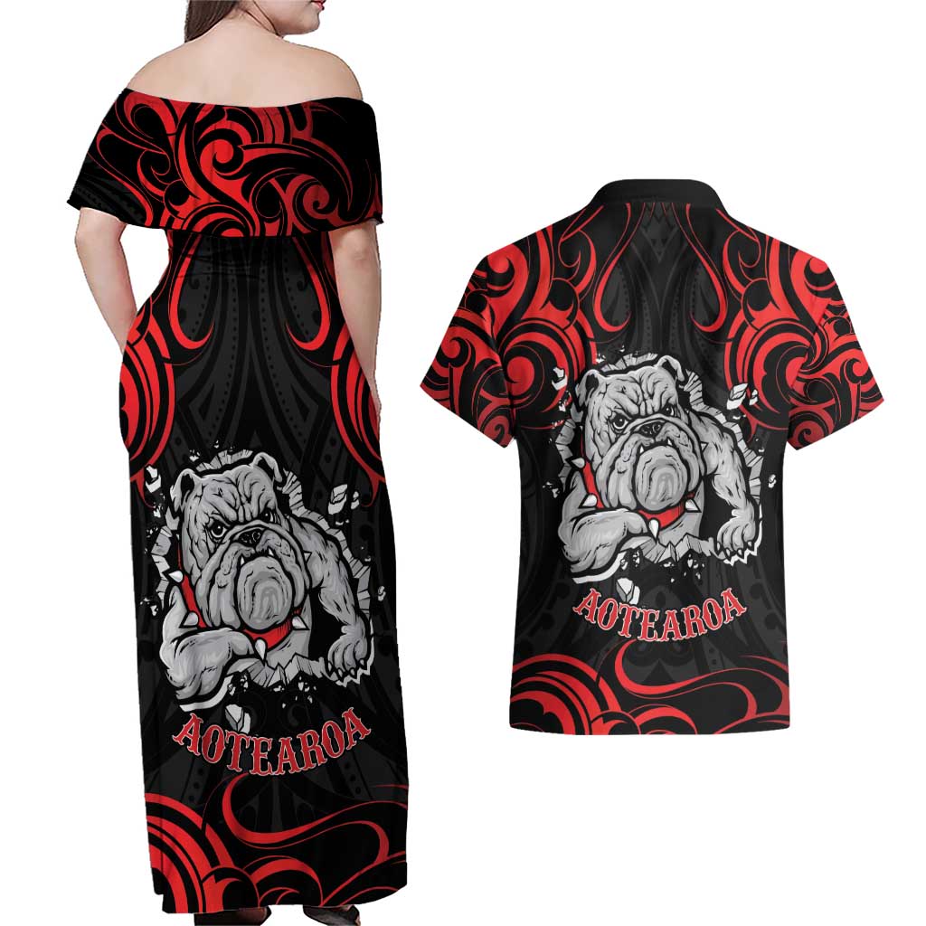Personalised Aotearoa Bulldog Couples Matching Off Shoulder Maxi Dress and Hawaiian Shirt NZ Maori Tattoo LT14 - Polynesian Pride