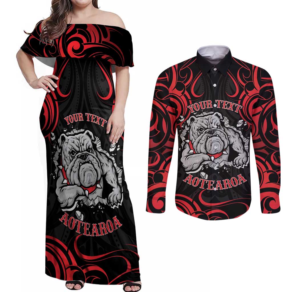 Personalised Aotearoa Bulldog Couples Matching Off Shoulder Maxi Dress and Long Sleeve Button Shirt NZ Maori Tattoo LT14 Red - Polynesian Pride