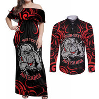Personalised Aotearoa Bulldog Couples Matching Off Shoulder Maxi Dress and Long Sleeve Button Shirt NZ Maori Tattoo LT14 Red - Polynesian Pride