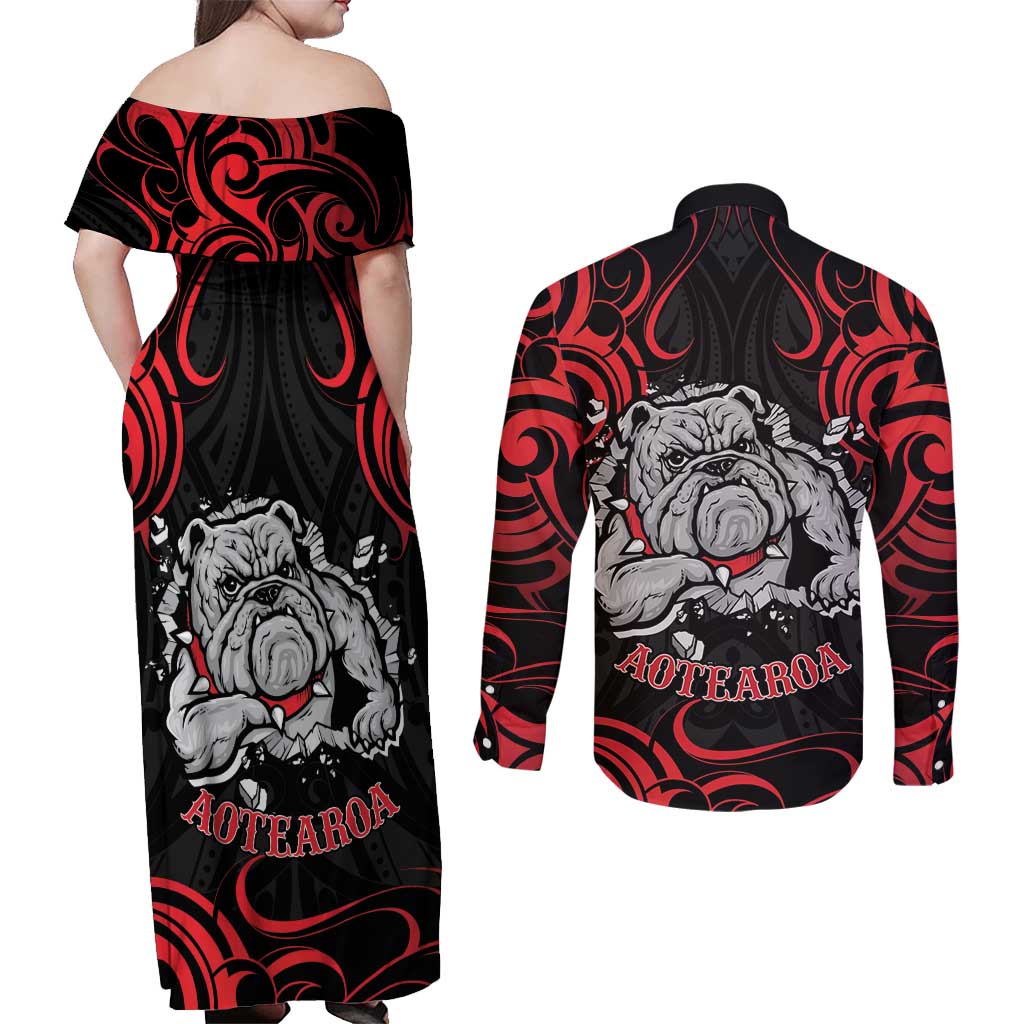 Personalised Aotearoa Bulldog Couples Matching Off Shoulder Maxi Dress and Long Sleeve Button Shirt NZ Maori Tattoo LT14 - Polynesian Pride