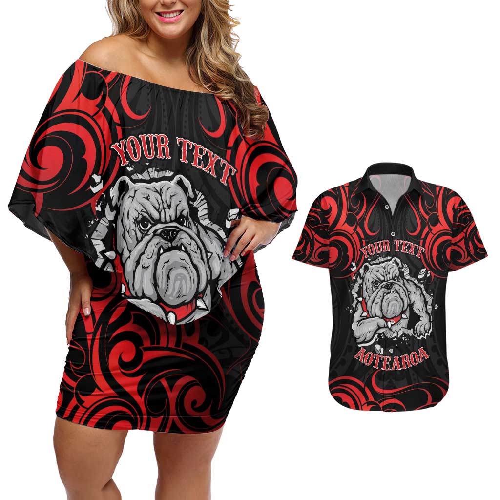 Personalised Aotearoa Bulldog Couples Matching Off Shoulder Short Dress and Hawaiian Shirt NZ Maori Tattoo LT14 Red - Polynesian Pride