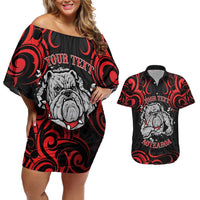 Personalised Aotearoa Bulldog Couples Matching Off Shoulder Short Dress and Hawaiian Shirt NZ Maori Tattoo LT14 Red - Polynesian Pride