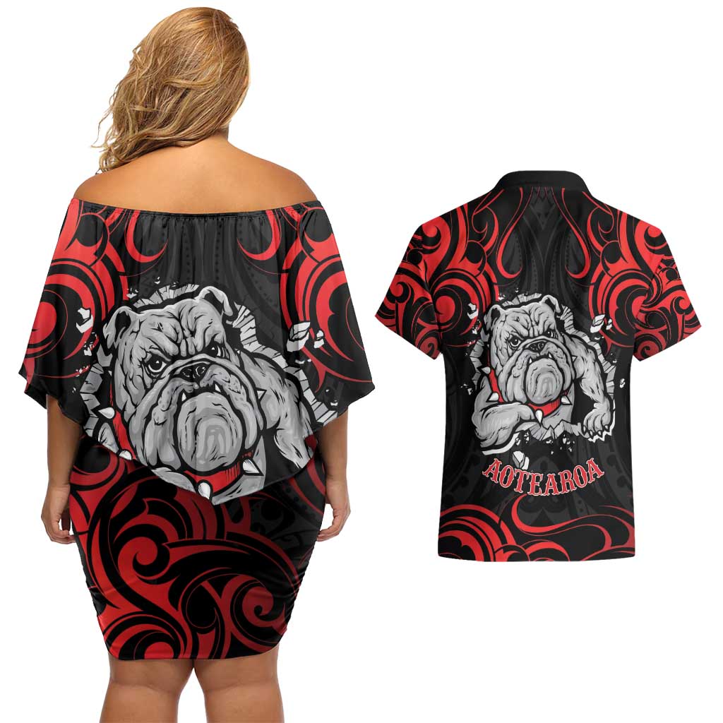 Personalised Aotearoa Bulldog Couples Matching Off Shoulder Short Dress and Hawaiian Shirt NZ Maori Tattoo LT14 - Polynesian Pride