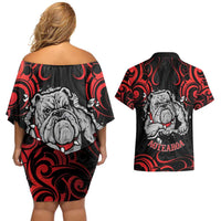 Personalised Aotearoa Bulldog Couples Matching Off Shoulder Short Dress and Hawaiian Shirt NZ Maori Tattoo LT14 - Polynesian Pride