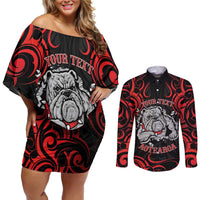 Personalised Aotearoa Bulldog Couples Matching Off Shoulder Short Dress and Long Sleeve Button Shirt NZ Maori Tattoo LT14 Red - Polynesian Pride