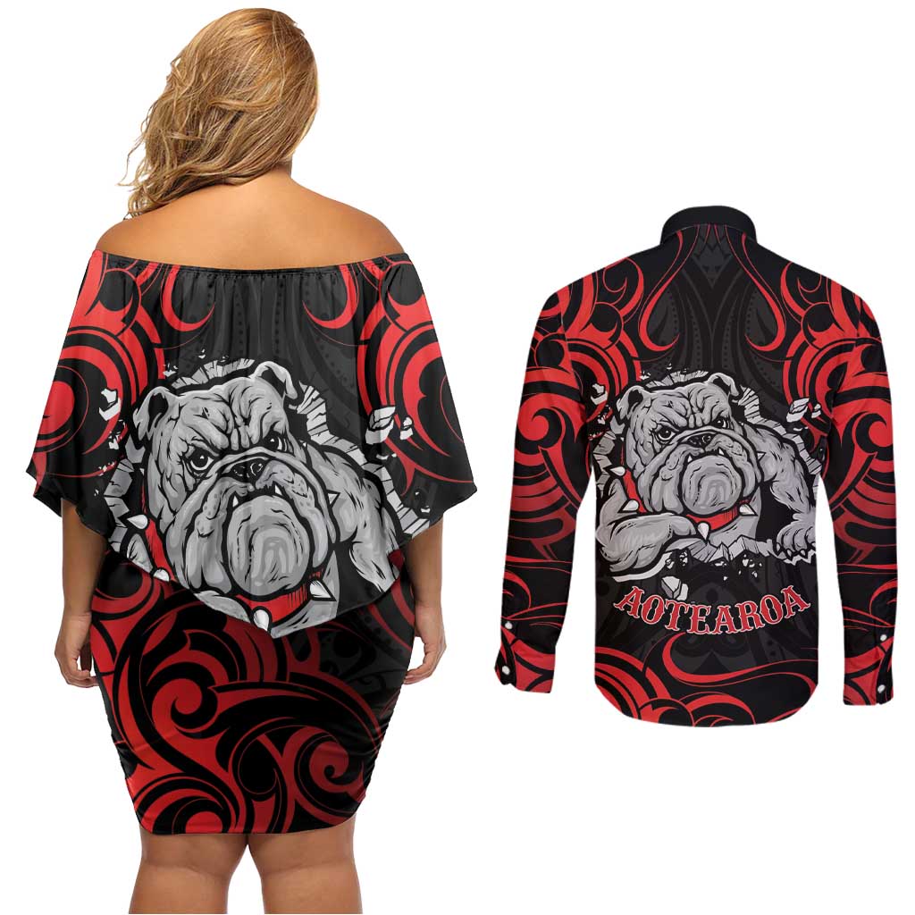 Personalised Aotearoa Bulldog Couples Matching Off Shoulder Short Dress and Long Sleeve Button Shirt NZ Maori Tattoo LT14 - Polynesian Pride