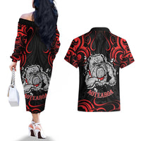 Personalised Aotearoa Bulldog Couples Matching Off The Shoulder Long Sleeve Dress and Hawaiian Shirt NZ Maori Tattoo LT14 - Polynesian Pride