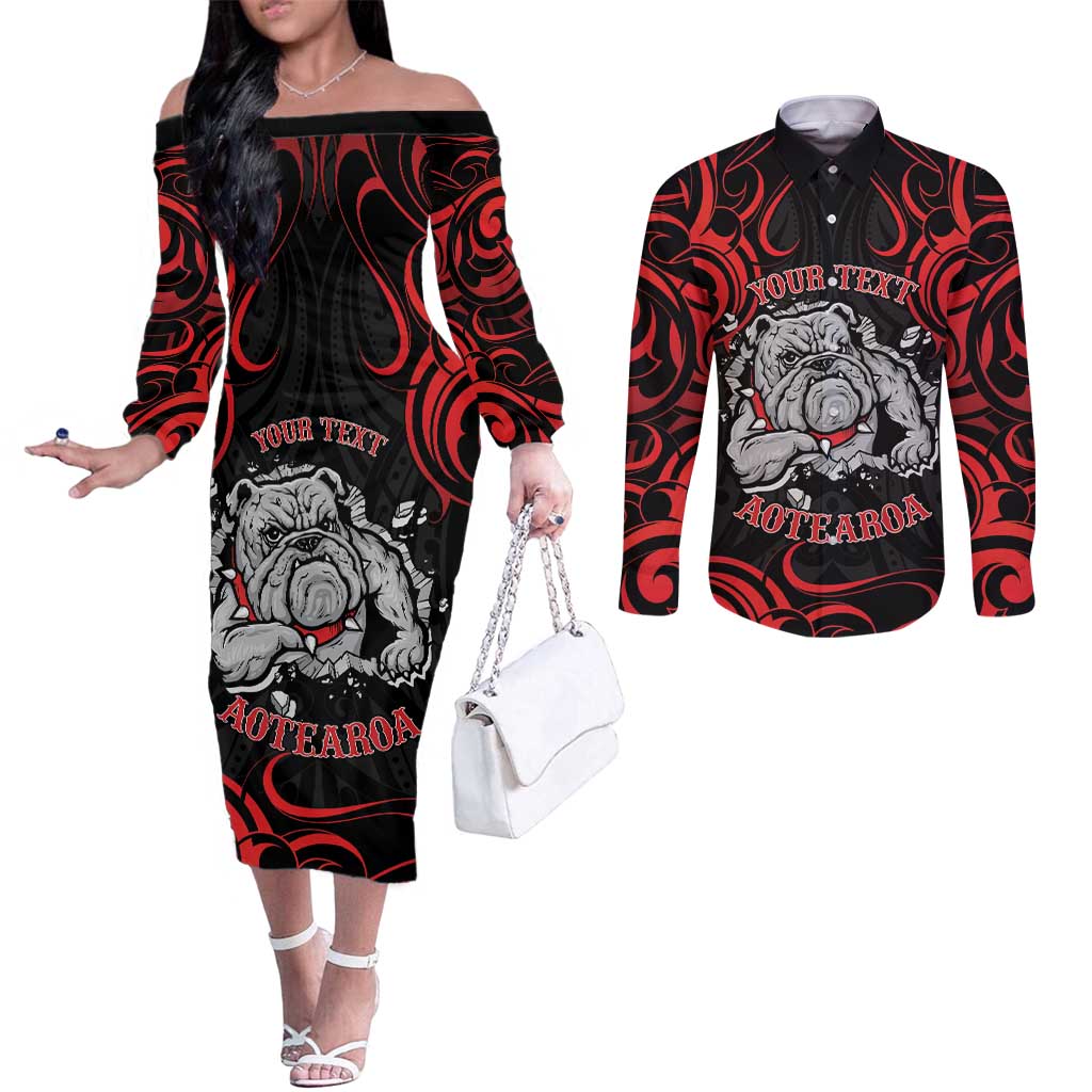 Personalised Aotearoa Bulldog Couples Matching Off The Shoulder Long Sleeve Dress and Long Sleeve Button Shirt NZ Maori Tattoo LT14 Red - Polynesian Pride
