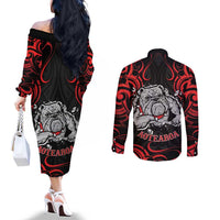 Personalised Aotearoa Bulldog Couples Matching Off The Shoulder Long Sleeve Dress and Long Sleeve Button Shirt NZ Maori Tattoo LT14 - Polynesian Pride