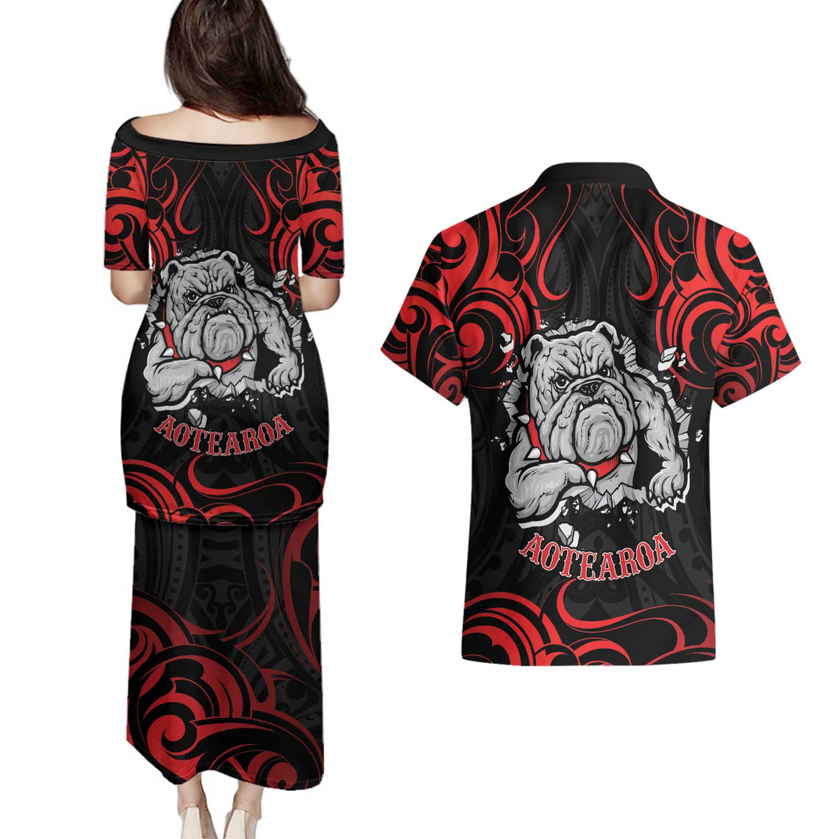 Personalised Aotearoa Bulldog Couples Matching Puletasi and Hawaiian Shirt NZ Maori Tattoo LT14 - Polynesian Pride