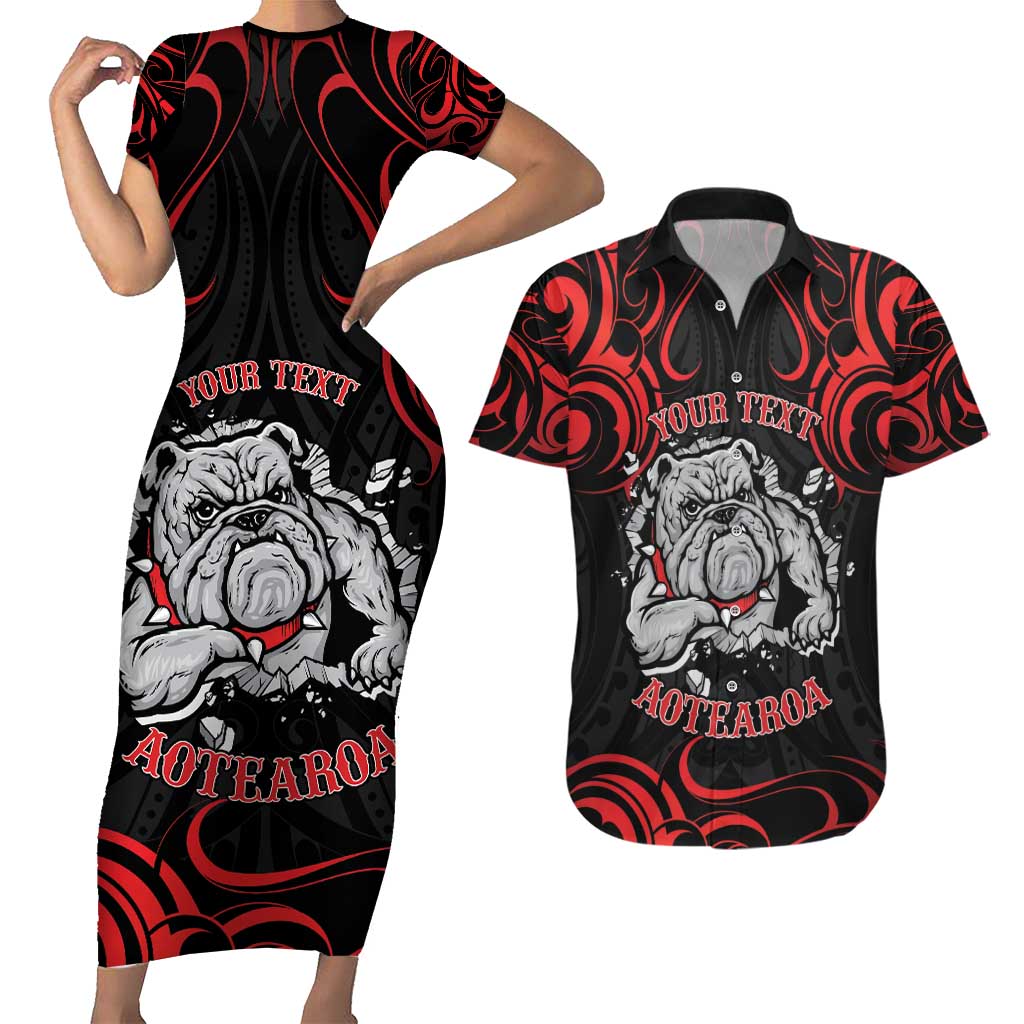 Personalised Aotearoa Bulldog Couples Matching Short Sleeve Bodycon Dress and Hawaiian Shirt NZ Maori Tattoo LT14 Red - Polynesian Pride